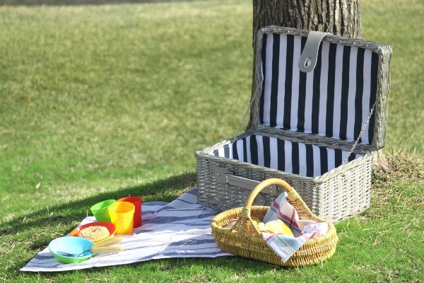 おしゃれ ラタン ピクニックバスケット ストライプ スクエア