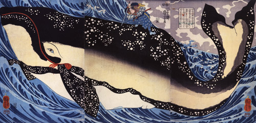 歌川国芳　《宮本武蔵の鯨退治》　大判錦絵三枚続　弘化4年（1847）頃　個人蔵