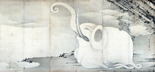伊藤若冲　《象と鯨図屛風》（右隻）　紙本墨画　六曲一双　各159.4×354.0cm　寛政9年（1797） 滋賀・MIHO MUSEUM