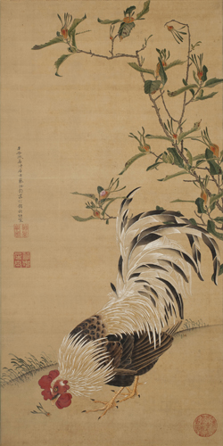 伊藤若冲　《梔子雄鶏図》　絹本着色　一幅　85.8×43.1cm　江戸時代中期（18世紀）　個人蔵
