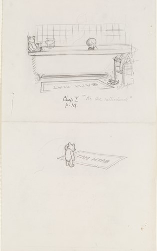 「おふろにはいるクリスロファー・ロビン」、『クマのプーさん』第1章、E.H.シェパード、鉛筆画、1926年、V&A所蔵 © The Shepard Trust. Image courtesy of the Victoria and Albert Museum, London