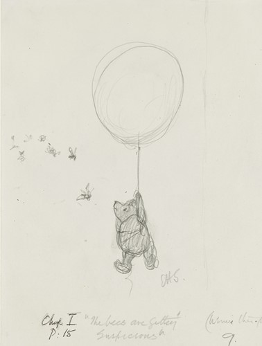 「ハチのやつ、なにか、うたぐってるようですよ」、『クマのプーさん』第1章、E.H.シェパード、鉛筆画、1926年、V&A所蔵 © The Shepard Trust