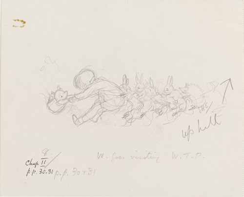 「プーを穴からひっぱり出す」、『クマのプーさん』第2章、E.H.シェパード、鉛筆画、1926年、V&A所蔵 © The Shepard Trust. Image courtesy of the Victoria and Albert Museum, London