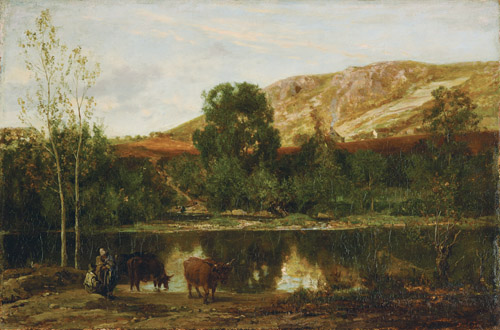 シャルル＝フランソワ・ドービニー 《池の風景》 1847年頃 油彩/板 29.7×44.8㎝ ランス美術館