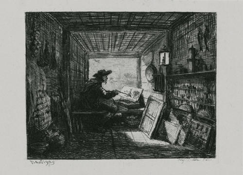 シャルル＝フランソワ・ドービニー 《アトリエ船（版画集「船の旅」より）》 1862年 エッチング 10.2×13.5㎝　個人蔵