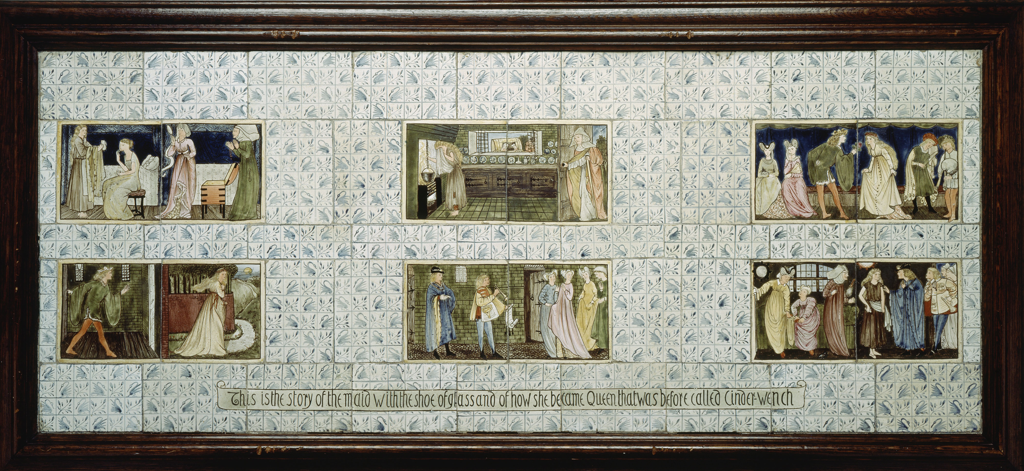 モリス・マーシャル・フォークナー商会《シンデレラ（連作タイル画）――「灰かぶり」と呼ばれていた娘がガラスの靴を与えられ、やがて王女となる物語》1863－64年、6枚の錫釉陶器タイルからなるパネル、56×138 cm、リヴァプール国立美術館、ウォーカー・アート・ギャラリー　 ©National Museums Liverpool, Walker Art Gallery