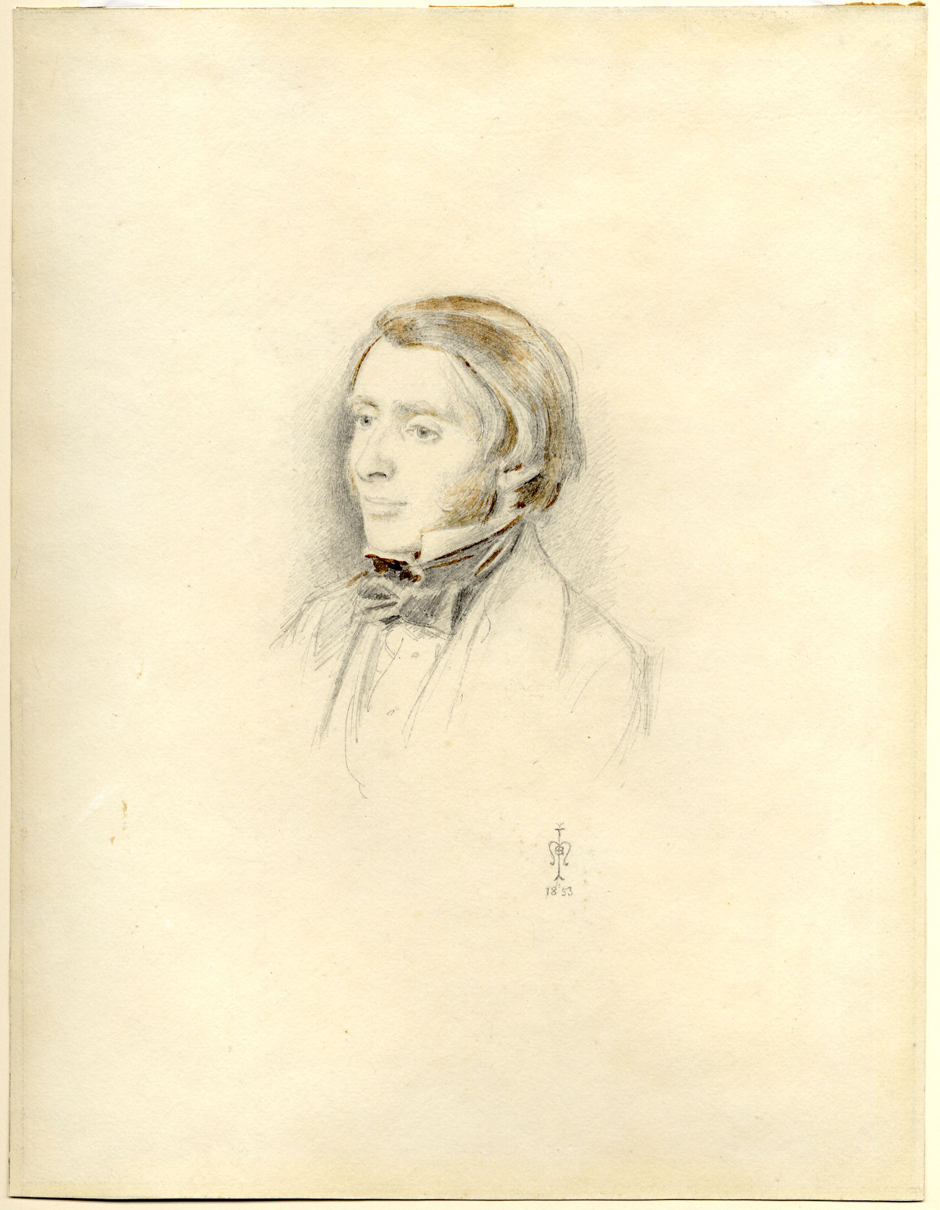 ジョン・エヴァレット・ミレイ《ジョン・ラスキンの肖像》1853年、鉛筆、水彩、33.6×26 cm、 ラスキン財団（ランカスター大学ラスキン・ライブラリー）  ©Ruskin Foundation (Ruskin Library, Lancaster University)
