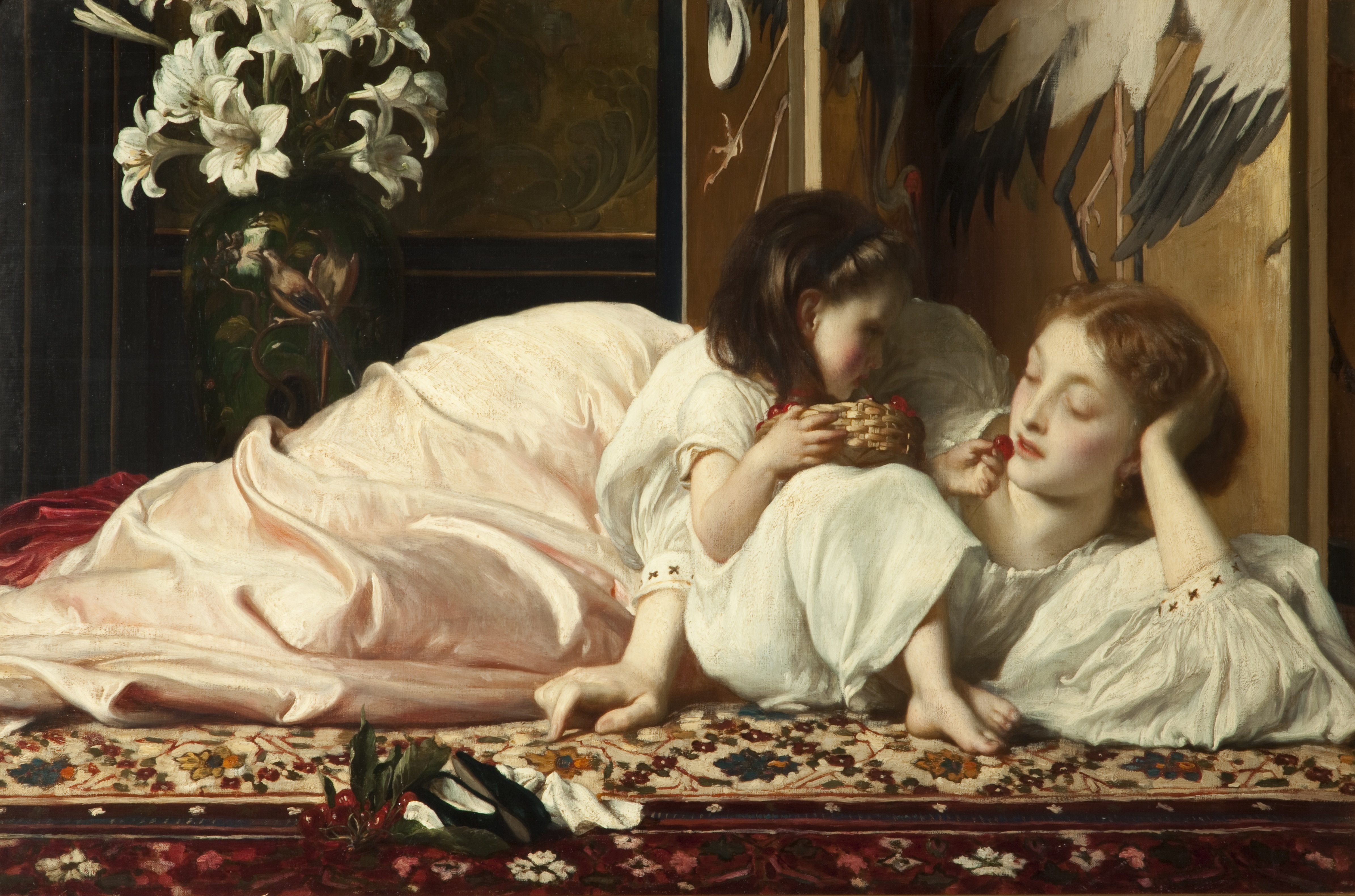 フレデリック・レイトン《母と子（サクランボ）》1864－65年頃、油彩／カンヴァス、48.2×82 cm、 ブラックバーン美術館  ©Blackburn Museum and Art Gallery