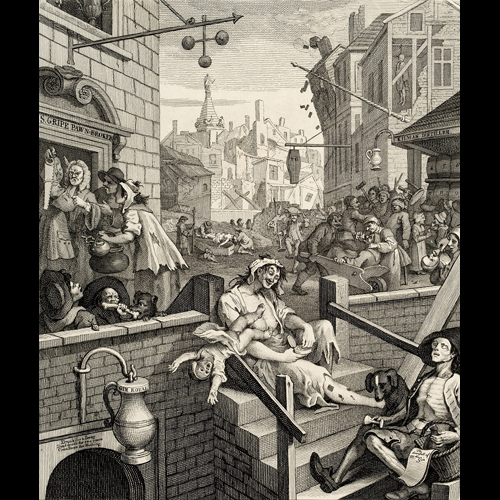 ウィリアム・ホガース  『ビール街とジン横丁』より《ジン横丁》  1750-51年 エッチング、エングレーヴィング・紙 郡山市立美術館蔵 © Koriyama City Museum of Art