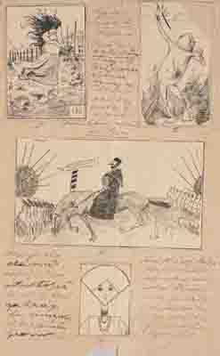アルフォンス・ ミュシャ 《風刺雑誌のためのページレイアウト》 1880年代  インク・紙  ミュシャ財団蔵  ©Mucha Trust 2019
