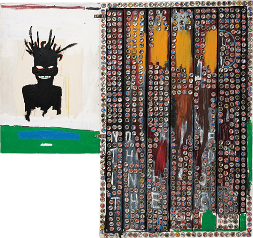 ジャン＝ミシェル・バスキア<BR>Self-Portrait, 1985<BR>Acrylic, oilstick, crown cork and bottle caps on wood<BR>141.9 x 153 x 14.9cm