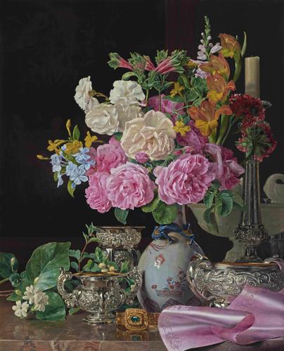フェルディナント・ゲオルク・ヴァルトミュラー　《磁器の花瓶の花、燭台、銀器》　1839年、油彩・板