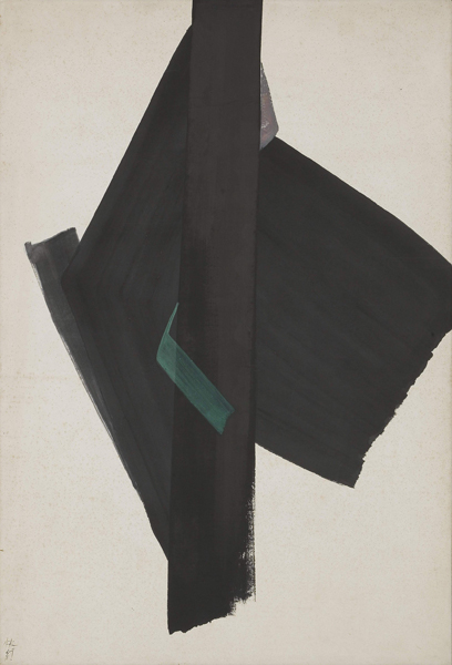 《行人》　1965年　公益財団法人岐阜現代美術財団蔵　193.0×129.5cm　墨、銀泥、緑青、和紙