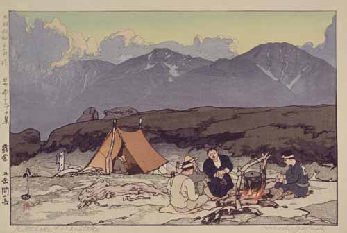 《日本南アルプス集　露営　北岳間の岳》昭和3（1928）年　木版、紙　24.6×37.6cm