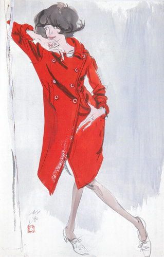 長沢節／女性像（赤いコート）／1950年代／セツ・モードセミナー