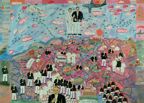 アルピタ・シン 《私のロリポップ・シティ：双子の出現》 2005年 油彩、キャンバス 152.4×213.3 cm 所蔵：ヴァデラ・アート・ギャラリー（ニューデリー）