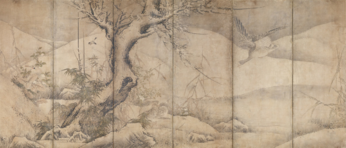 四季花鳥図屏風（左）　伝雪舟等楊筆　室町時代・15世紀   東京国立博物館蔵　※本展覧会では複製を展示