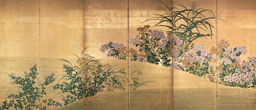 秋草図屏風（左）　俵屋宗雪筆　江戸時代・17世紀　東京国立博物館蔵　※本展覧会では複製を展示