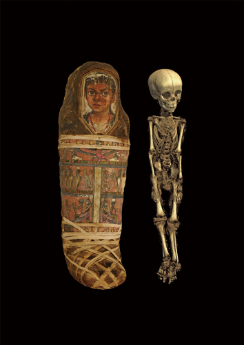 子どものミイラと、CTスキャン画像から作成した3次元構築画像 ローマ支配時代、後40～後55年頃、大英博物館蔵、 © The Trustees of the British Museum