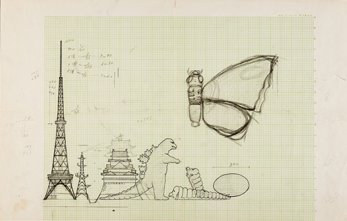 怪獣・建造物設定対比図、「モスラ対ゴジラ」(1964)より © TOHO CO., LTD. 