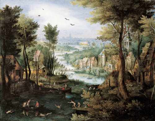 ヤン・ブリューゲル１世 《水浴をする人たちのいる川の風景》 1595-1600年頃 Private Collection, Switzerland