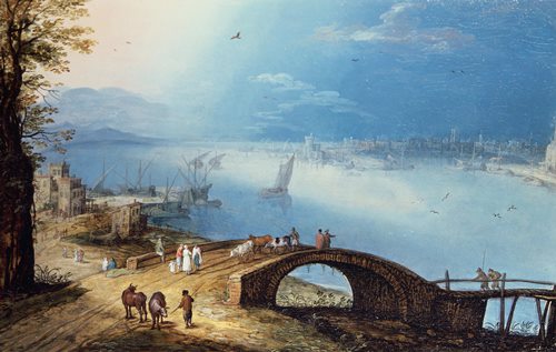 ヤン・ブリューゲル１世（?） ルカス・ファン・ファルケンボルフ 《アーチ状の橋のある海沿いの町》 1590-1595年頃 Private Collection, Belgium