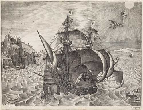ピーテル・ブリューゲル１世（下絵） フランス・ハイス（彫版） 《イカロスの墜落の状景を伴う３本マストの武装帆船》 1561-1562年頃 Private Collection