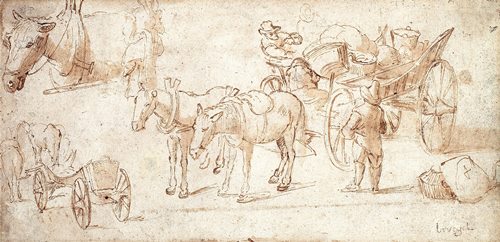 ヤン・ブリューゲル１世 《馬と馬車(準備素描)》 1610年頃 Private Collection