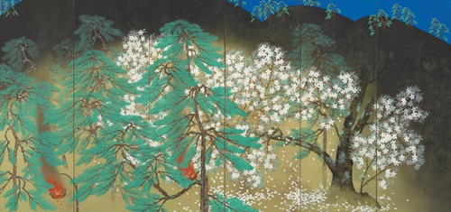 「夜桜」（右隻）　1929年、横山大観、大倉集古館　東京展：5月8日～5月27日　　京都展：6月8日～7月1日