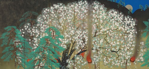 「夜桜」（左隻）　1929年、横山大観、大倉集古館　東京展：5月8日～5月27日　　京都展：6月8日～7月1日