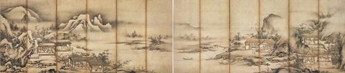養蚕機織図屏風　伝 狩野元信筆　6曲1双　日本・室町時代　16世紀　根津美術館蔵