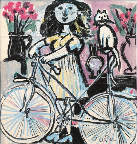 猪熊弦一郎　《自転車と娘》　1954年　水彩、クレパス・紙　丸亀市猪熊弦一郎現代美術館蔵 ©The MIMOCA Foundation