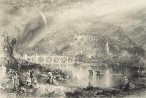 《ネッカー川対岸から見たハイデルベルク》 1846年 エッチング、ライン・エングレーヴィング 36.6×54.1cm 郡山市立美術館