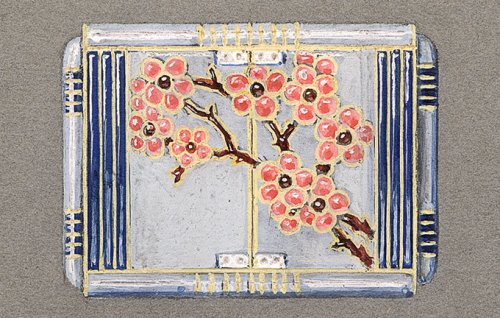 「 日本風」のデザイン画　桜の木モティーフの、 エナメル加工のパースウォッチ　 1925 年頃 鉛筆、グアッシュ、墨 ショーメ・コレクション、パリ 